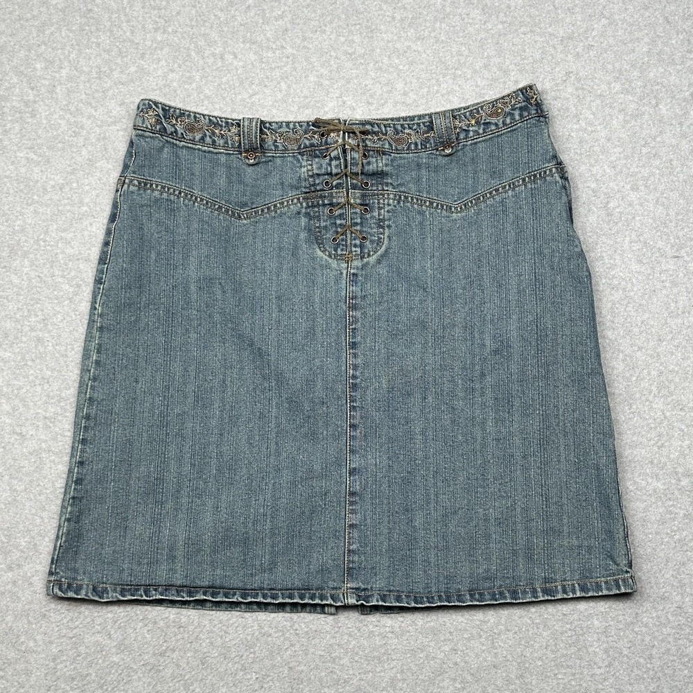 Faded Glory‎ Denim Skirt Womens 16 Blue Medium Wash Embroidered Paisley Lace Up